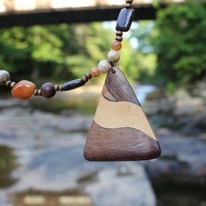 Short Stone & Wood Inlay Necklace Boho Nature
